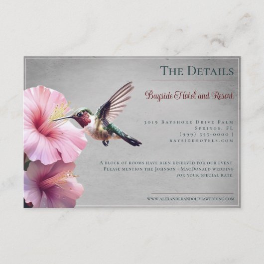 Kolibrie en Hibiscus | Grijze bruiloft Informatiekaartje (Voorkant)