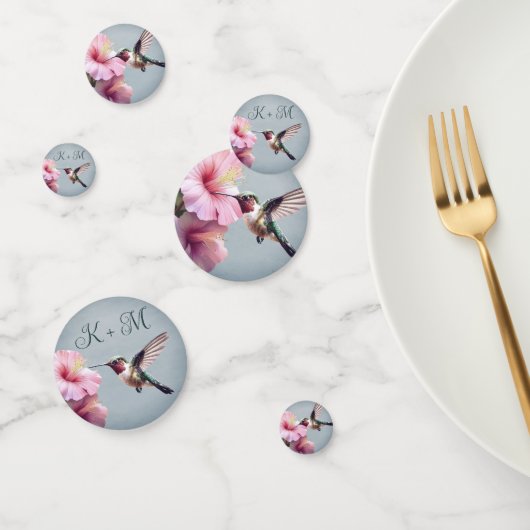 Kolibrie en Hibiscus Monogram Bruiloft | Blauw Confetti (Groep)