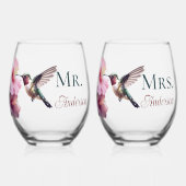 Kolibrie en Hibiscus Mr en Mrs Wijnglas Zonder Voet (Voorkant)