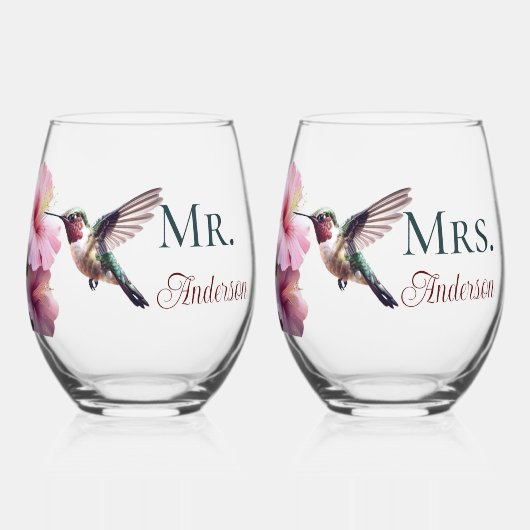Kolibrie en Hibiscus Mr en Mrs Wijnglas Zonder Voet (Voorkant)