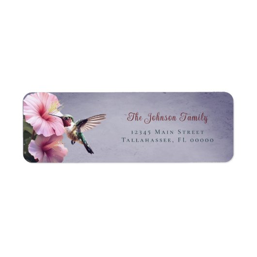 Kolibrie en Hibiscus | Paarse bruiloft adres Etiket (Voorkant)