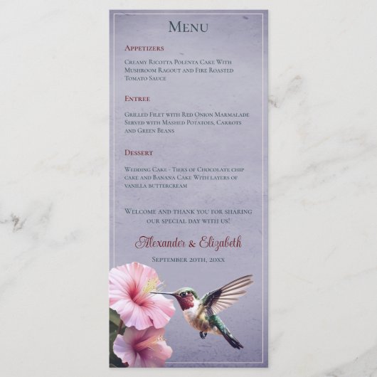 Kolibrie en Hibiscus | Paarse bruiloft Menu (Voorkant)