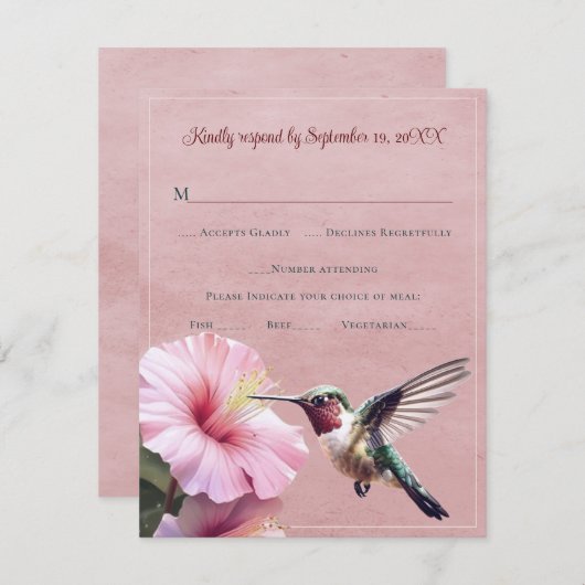 Kolibrie en Hibiscus | Roze bruiloft RSVP (Voorkant / Achterkant)
