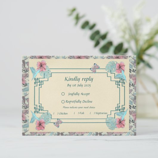 Kolibrie en Hibiscus - Wedding RSVP kaart (Staand voorkant)