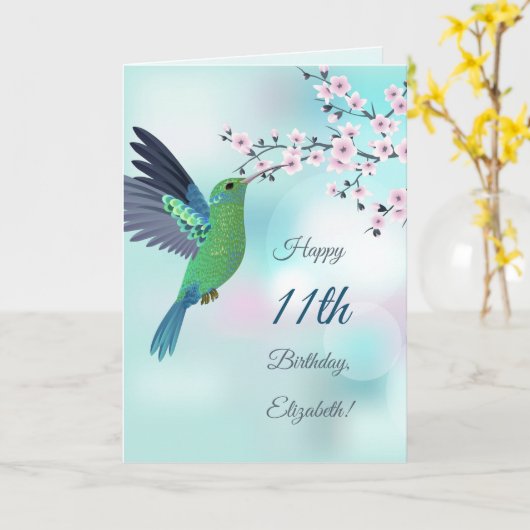 Kolibrie en kersenbloesem aangepaste verjaardag kaart (Gele Bloem)