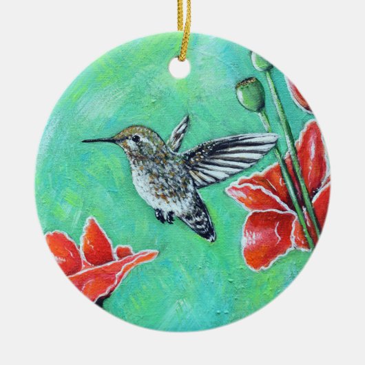 Kolibrie en klaprozen Schilderij Keramisch Ornament (Voorkant)