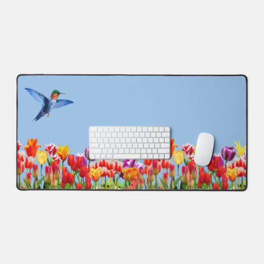 Kolibrie en kleurrijke Tulip Bloemen Bureaumat (Keyboard & Muis)