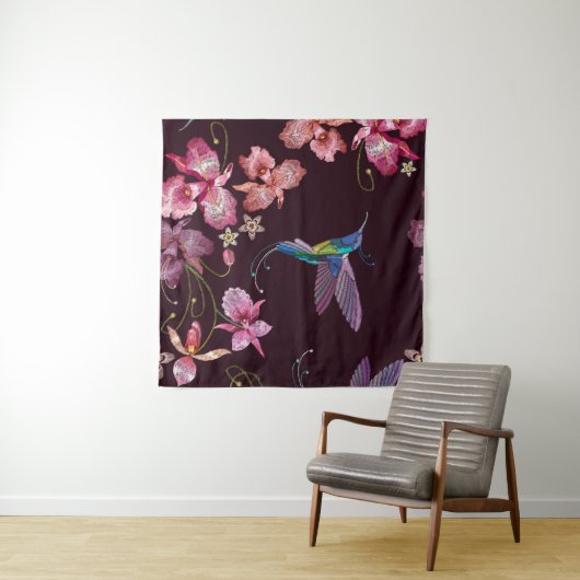 Kolibrie en orchidee, tropische naadloze mode. wandkleed (In Situ (horizontaal))