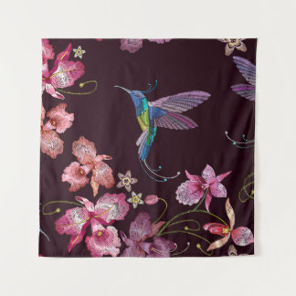 Kolibrie en orchidee, tropische naadloze mode. wandkleed