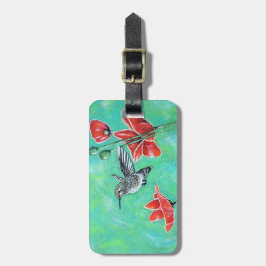 Kolibrie en papavers schilderij bagagelabel (Voorkant verticaal)