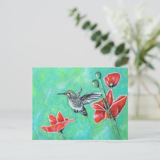 Kolibrie en papavers schilderij briefkaart (Staand voorkant)