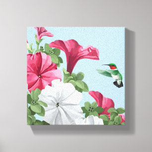 Kolibrie en Petunia Bloemen Canvas Afdruk