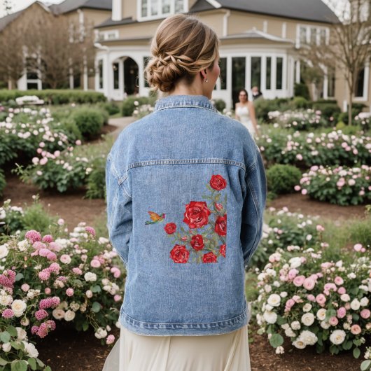 Kolibrie en rode rozen denim jacket (Huwelijk Achterkant)