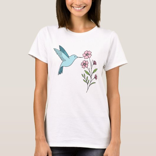 Kolibrie en roze bloemen illustratie t-shirt (Voorkant)
