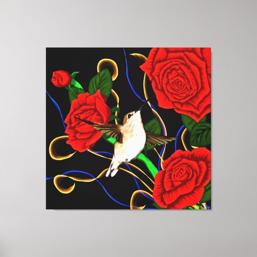 Kolibrie en Rozen Canvas Afdruk (Voorkant)
