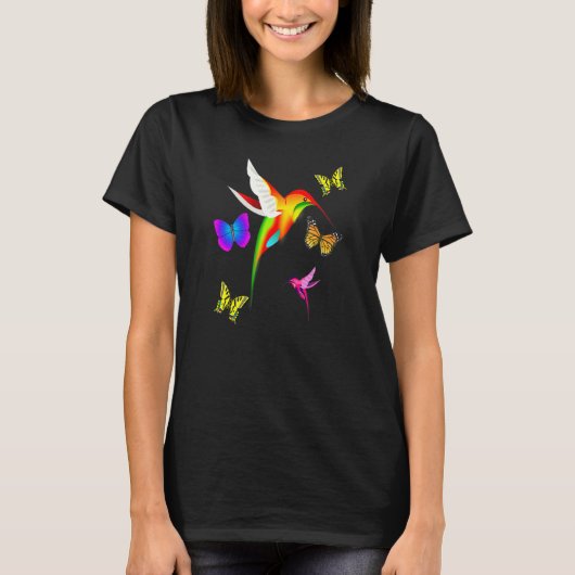 Kolibrie en vlinder Natuur liefhebbers kleurrijk T-shirt (Voorkant)