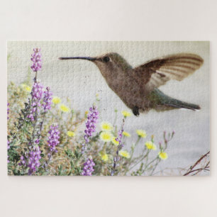Kolibrie en Wilde Bloemen Digitale Kunst Legpuzzel