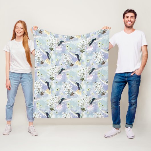 Kolibrie en witte bloemen fleece deken (In situ)