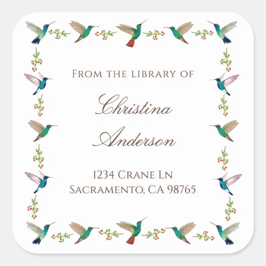 Kolibrie-exlibris Vierkante Sticker (Voorkant)