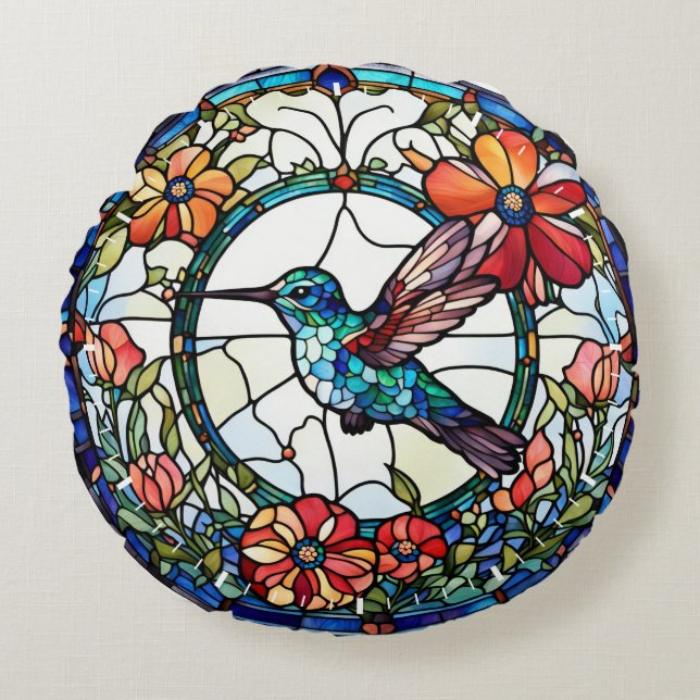 Kolibrie Faux Glas in lood Bird Rond Kussen (Voorkant)