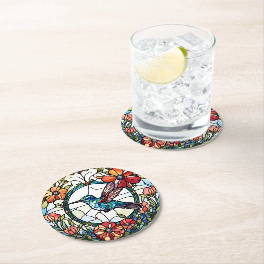 Kolibrie Faux Glas in lood Bird Ronde Kartonnen Onderzetter (Insitu)