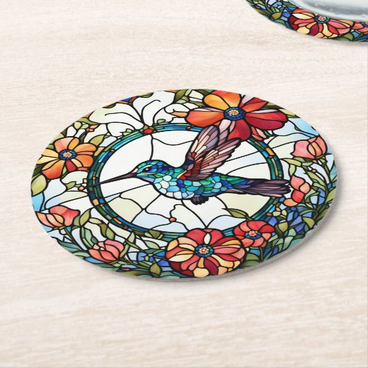 Kolibrie Faux Glas in lood Bird Ronde Kartonnen Onderzetter (Gebogen)