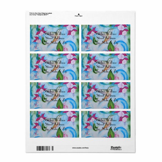 Kolibrie & Fuchsia Bruiloft Retouradres Label (Full Sheet)