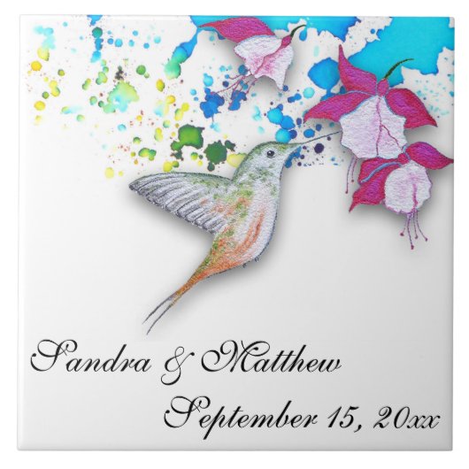 Kolibrie & Fuchsia Bruiloft Trivet/Onderzetter Tegeltje (Voorkant)