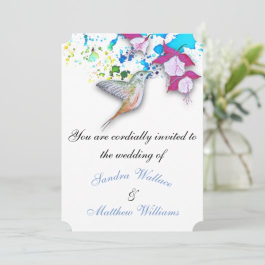 Kolibrie & Fuchsia Elegante bruiloft uitnodigingen (Staand voorkant)