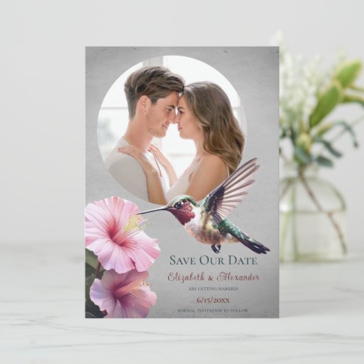 Kolibrie & Hibiscus Foto Opslaan van de Datum | Gr Aankondiging (Staand voorkant)