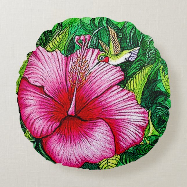 Kolibrie Hibiscus Waterverf schilderij Rond Kussen (Voorkant)