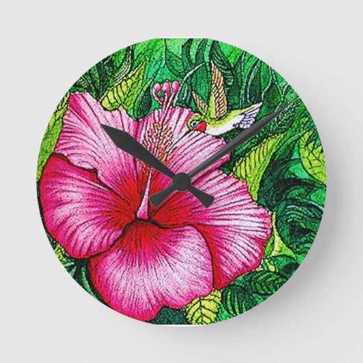 Kolibrie Hibiscus Waterverf schilderij Ronde Klok (Voorkant)