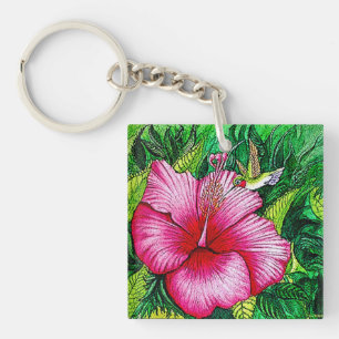 Kolibrie Hibiscus Waterverf schilderij Sleutelhanger