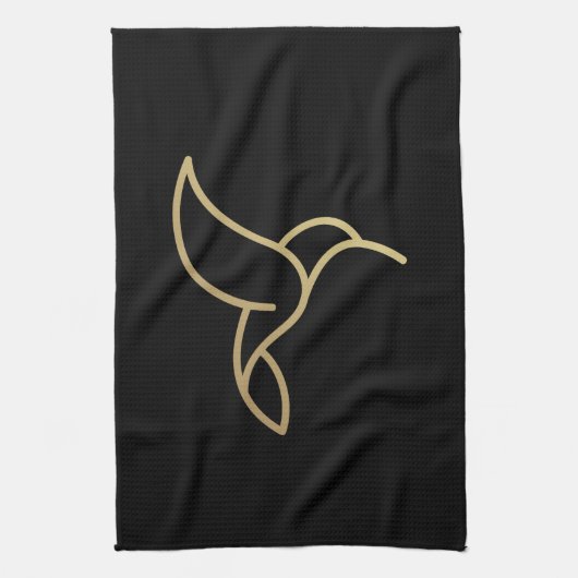 Kolibrie in Monoline stijl - Goud op zwart Theedoek (Verticaal)