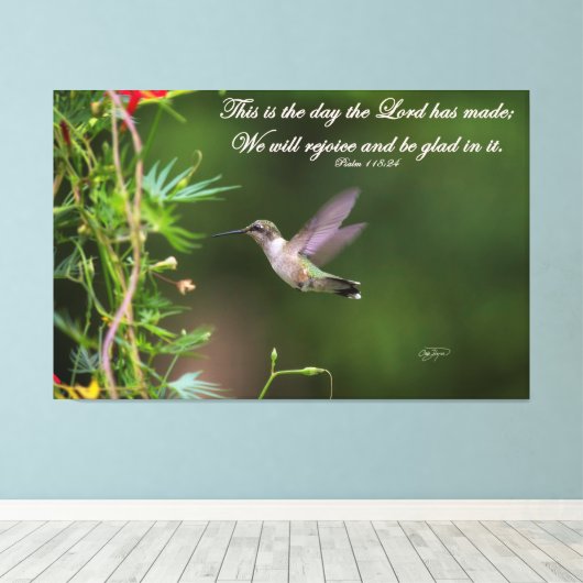 Kolibrie in vlucht Psalm 118:24 Bijbel Verse Canvas Afdruk (Insitu (Houten vloer))