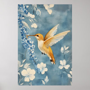 kolibrie in vlucht te midden van witte bloemen poster