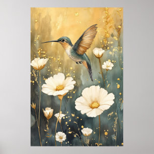 kolibrie in volle vlucht te midden van witte bloem poster