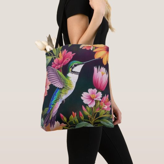 Kolibrie Kleurrijke Bloemen Tote Bag (Dichtbij)
