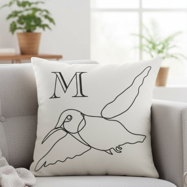 Kolibrie Lijn Kunst Monogram Housewarming Kussen (Minimalist modern hummingbird line art initial pillow)