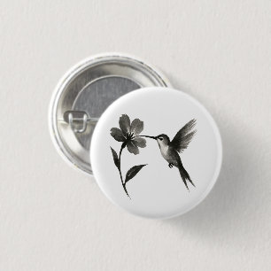 Kolibrie met Bloem – Inktpenseelontwerp op Ronde Button 3,2 Cm