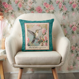 Kolibrie met bloemen op Blauwgroen Damast Monogram Kussen