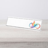 Kolibrie met oneindigheidssymbool en regenboog bureau naambordje (Voorkant)