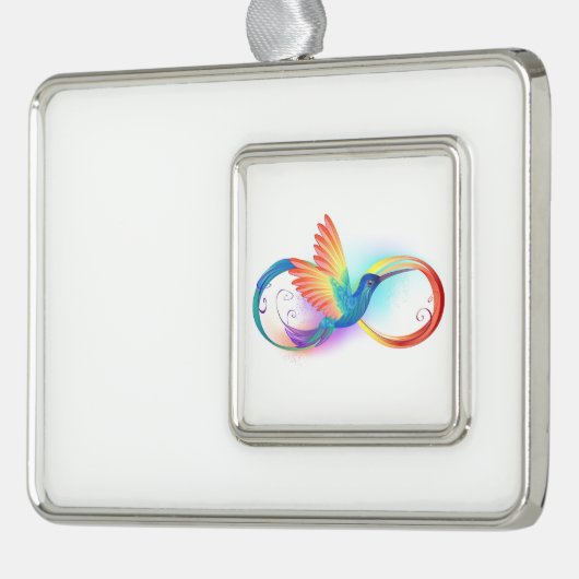 Kolibrie met oneindigheidssymbool en regenboog verzilverd omlijst ornament (Links)