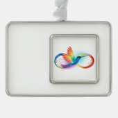 Kolibrie met oneindigheidssymbool en regenboog verzilverd omlijst ornament (Voorkant)
