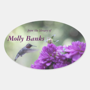 Kolibrie met paarse dahlia's boekenplaat ovale sticker