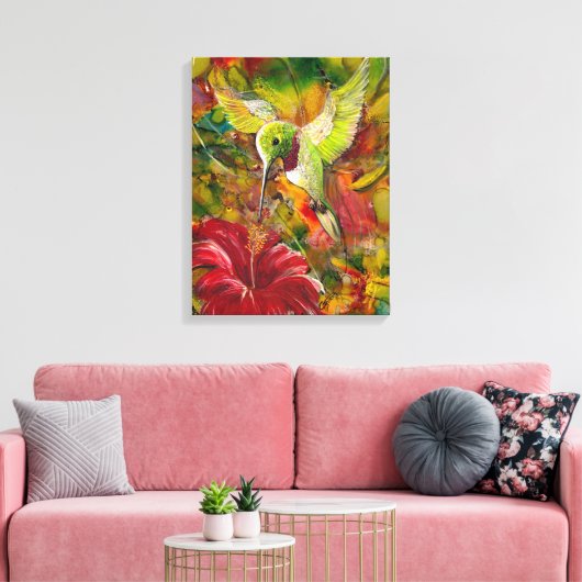 Kolibrie met rode hibiscus canvas afdruk (Insitu (Woonkamer))