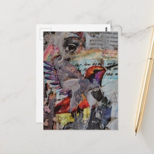 Kolibrie mixed media collage in uitvoering briefkaart (Voorkant / Achterkant in situ)