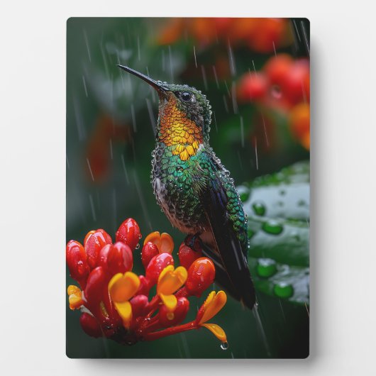 Kolibrie neergestreken op heldere bloem fotoplaat (voorkant)