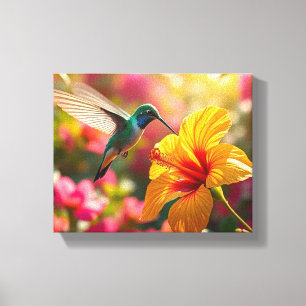Kolibrie nippen nectar van bloem canvas afdruk