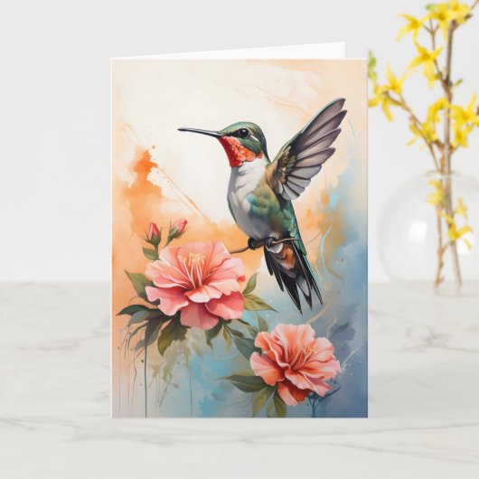 Kolibrie omringd door Mooie Bloemen Blanco Kaart (Gele Bloem)